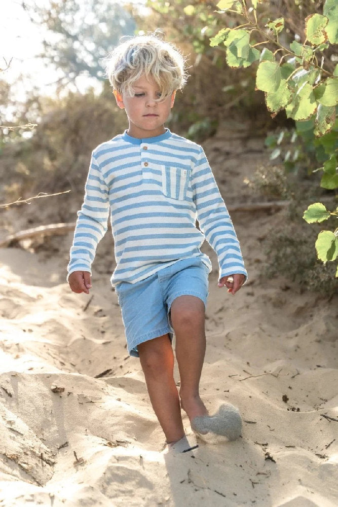 Maglia a Maniche Lunghe Bambino a Righe in Cotone Biologico - Steel Blue