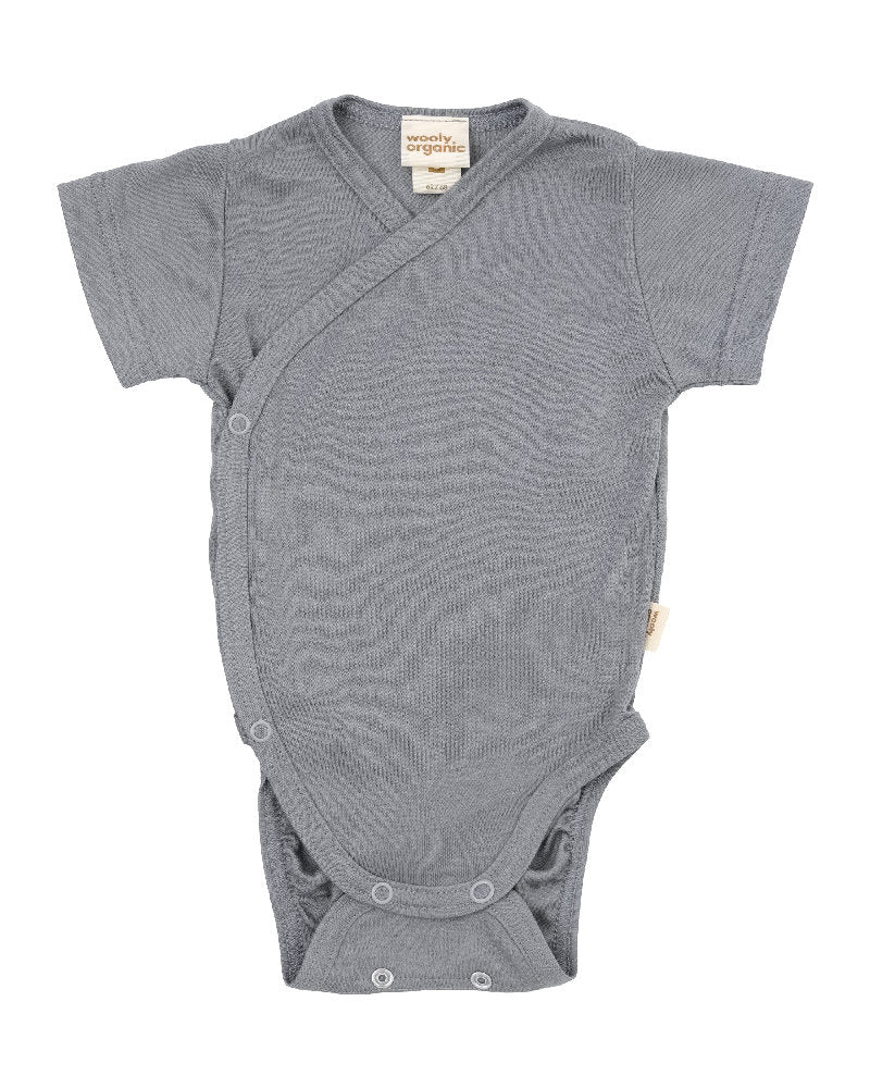 Body Neonato a Incrocio Kimono in Lana Merino e Lyocell a Manica Corta