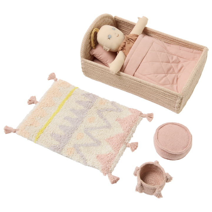 Set mini lorena - bambola con culla, tappeto, cestino e pouf - 22x32x16cm