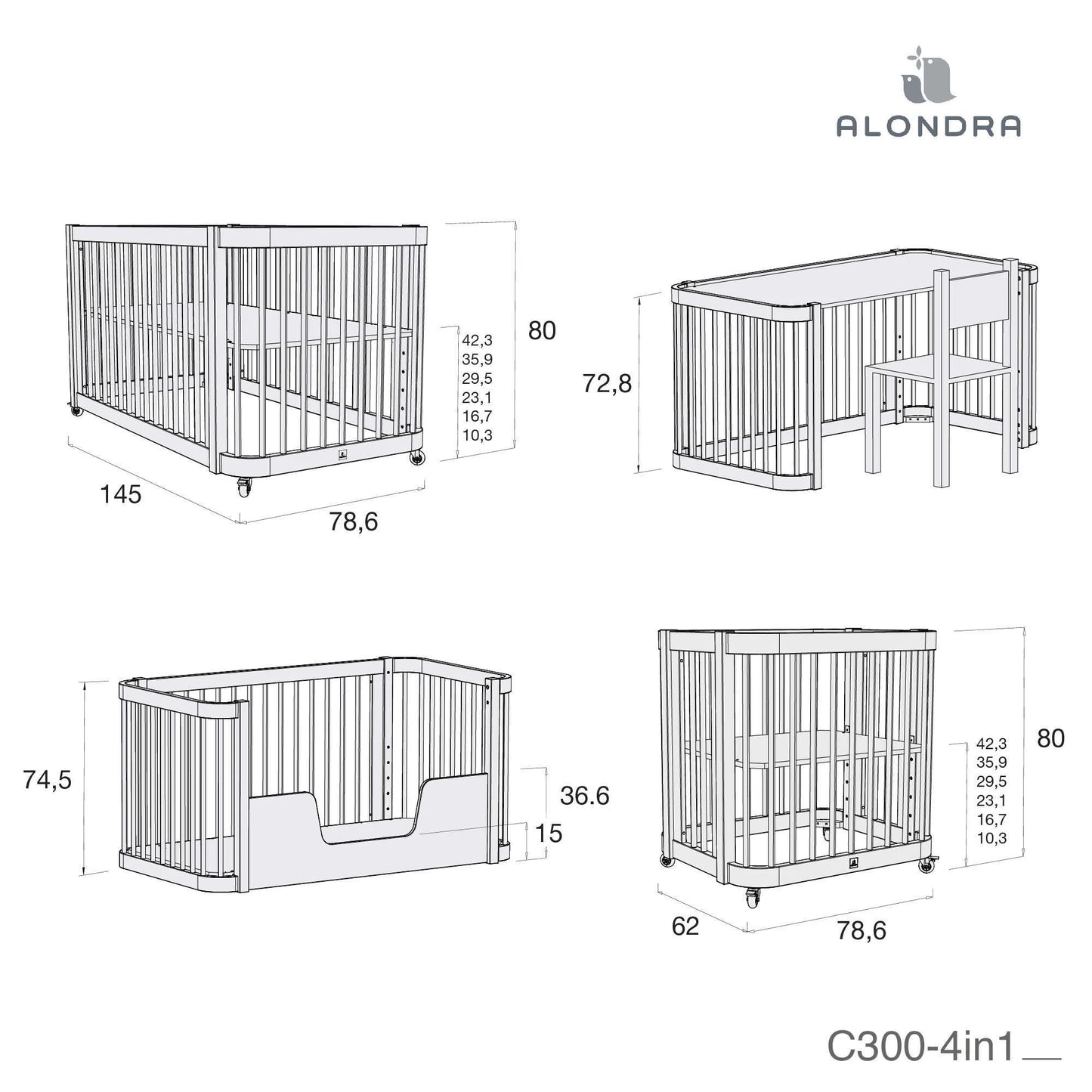 Alondra - Lettino Crea 3 Evolutivo 4in 1 - Culla-Lettino-Letto montessoriano-Scrivania