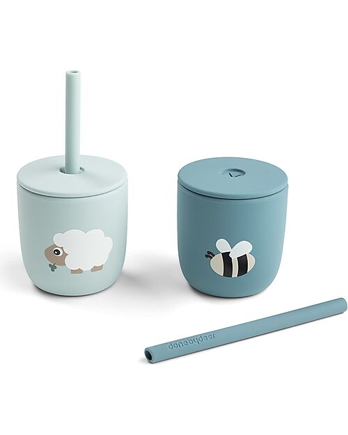 Set 2 Bicchieri con Tappo e Cannuccia 120 ml - 100% Silicone alimentare - 12m+
