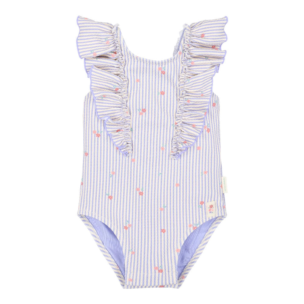 Costume da Bagno Bimba 'Dreamy Stripes' Lilla (Bottoni al Cavallo e Volant)