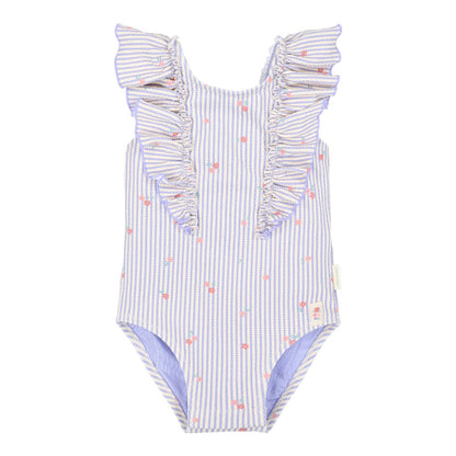 Costume da Bagno Bimba 'Dreamy Stripes' Lilla (Bottoni al Cavallo e Volant)