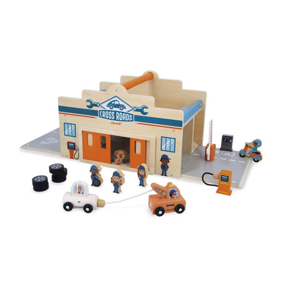 Garage in Legno Multi-Attività 'Officina & Autolavaggio' (15 Accessori Inclusi)