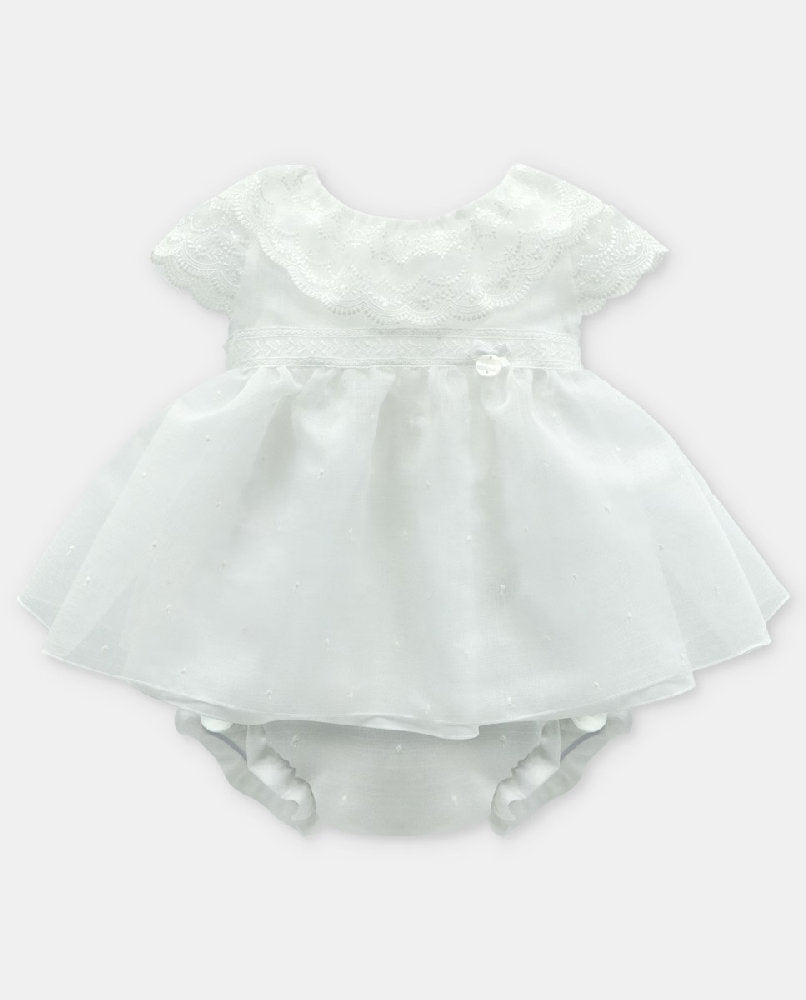 Completo Vestitino e Culotte Neonata con Ricami Plumetis