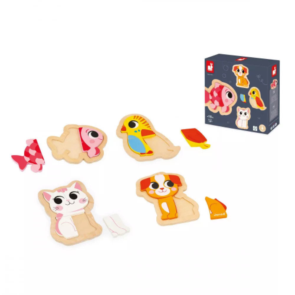4 Puzzle Evolutivi in Legno 'Animali Domestici' (da 2 a 5 Pezzi)