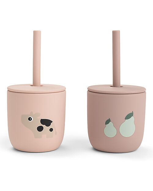 Set 2 Bicchieri con Tappo e Cannuccia 120 ml - 100% Silicone alimentare - 12m+