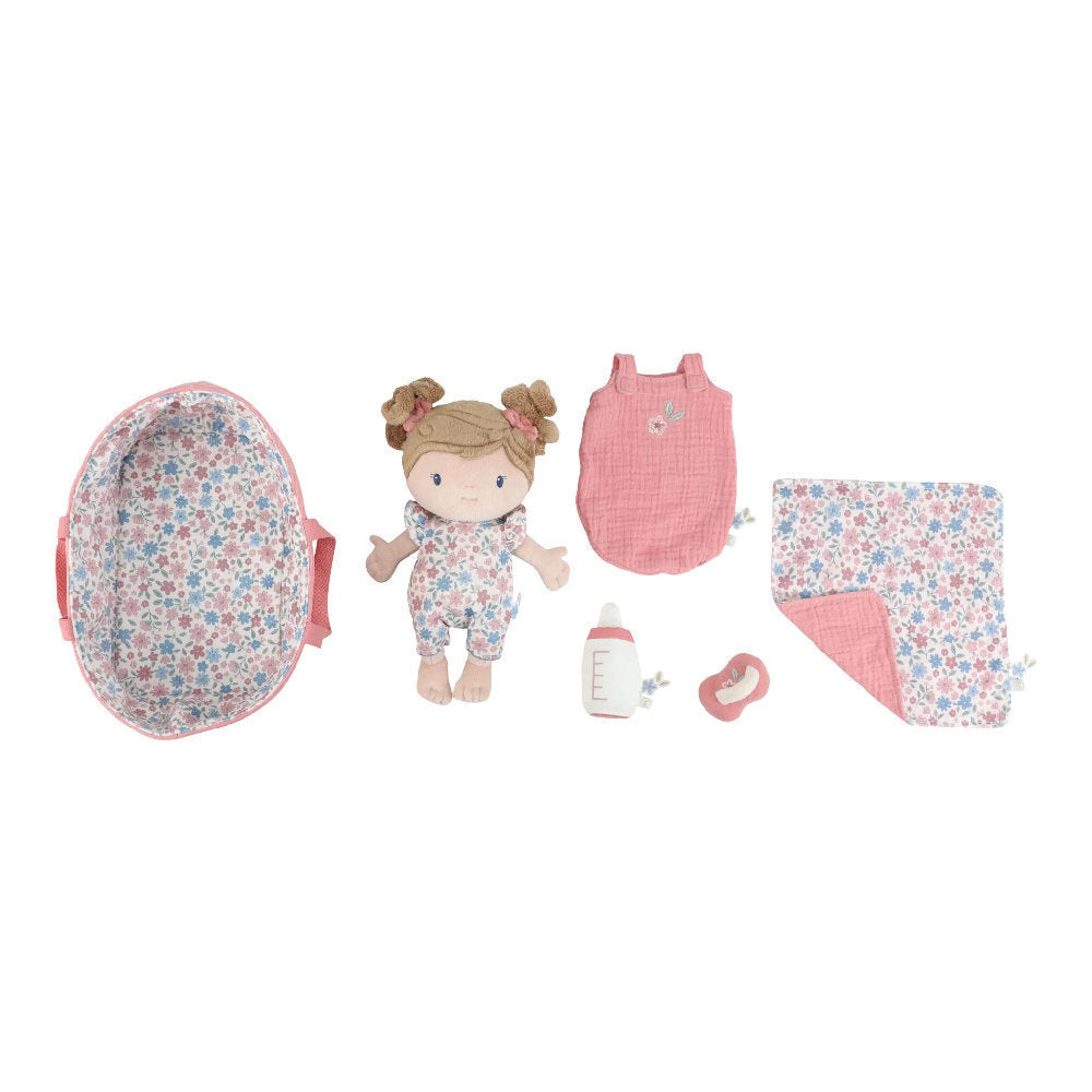 Set Bambola di Stoffa 'Rosa' Little Dutch con Cesta Portaletino e Accessori Magnetici