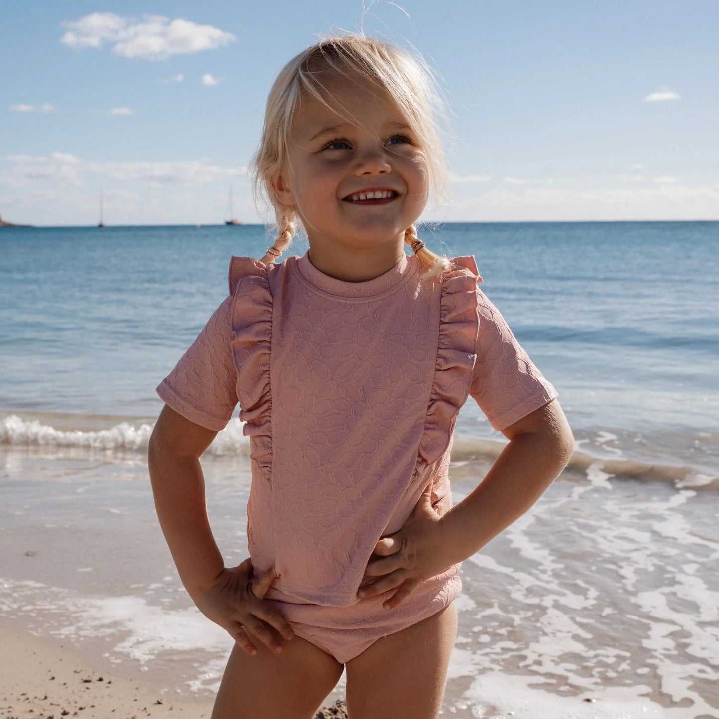 Maglietta da Bagno Bimba 'Dreamy Pink Rose' (Tessuto 3D e Bottoni a Pressione)