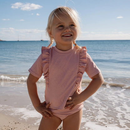 Maglietta da Bagno Bimba 'Dreamy Pink Rose' (Tessuto 3D e Bottoni a Pressione)