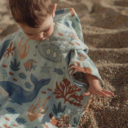 Poncho Mare Bambino 'Ocean Friends' in Mussola e Spugna (Cotone Biologico)