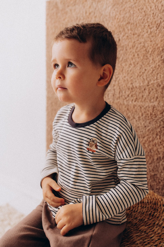 Maglia a Manica Lunga in Cotone Biologico con Ricamo 'Gufo sullo Skateboard'