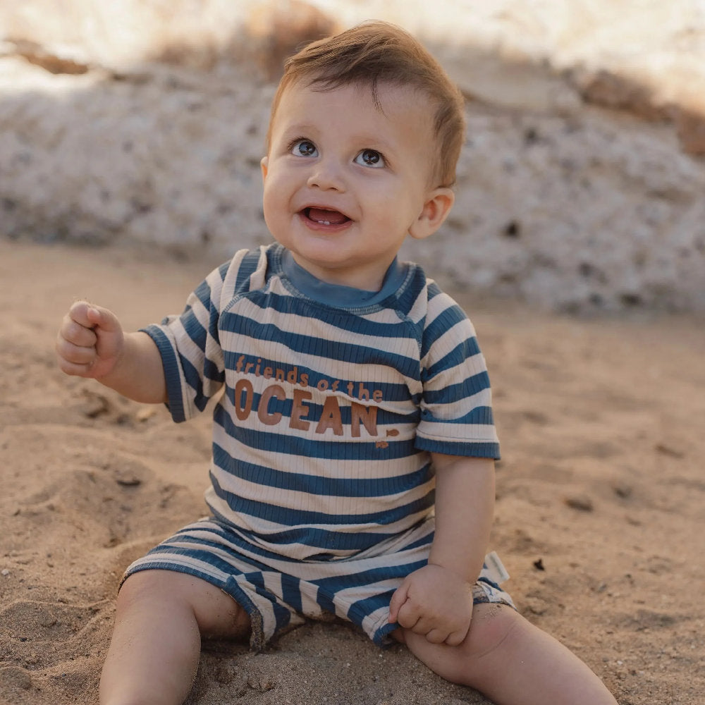 Costume da Bagno a Maniche Corte 'Ocean Blue Stripes' (Zip Frontale e Tessuto a Costine)