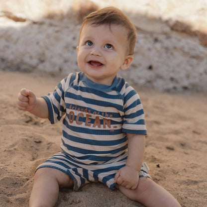 Costume da Bagno a Maniche Corte 'Ocean Blue Stripes' (Zip Frontale e Tessuto a Costine)