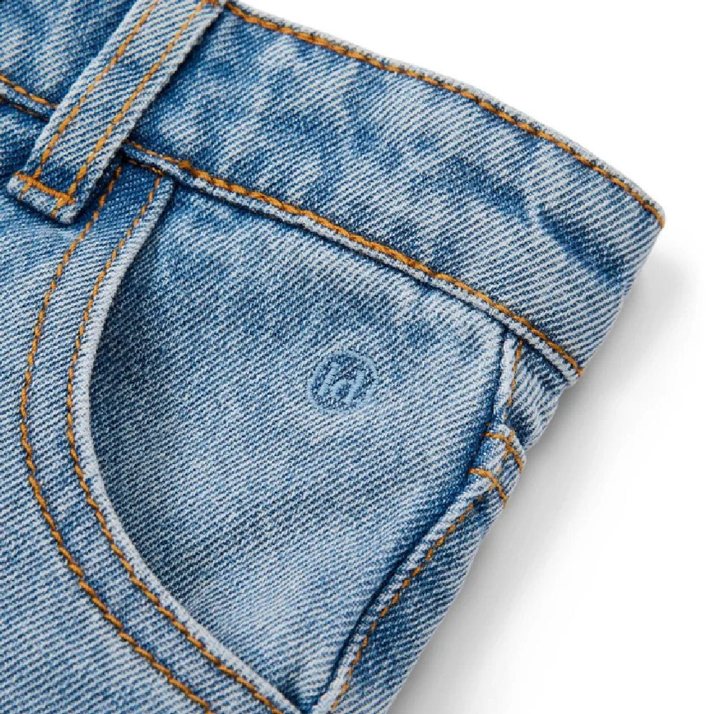 Pantaloni Jeans Denim a Gamba Larga con Cintura Floreale - Cotone Biologico