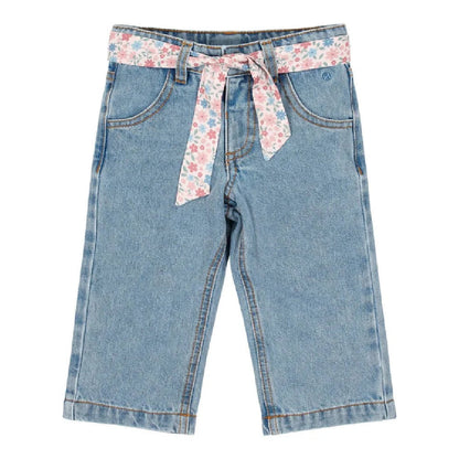 Pantaloni Jeans Denim a Gamba Larga con Cintura Floreale - Cotone Biologico