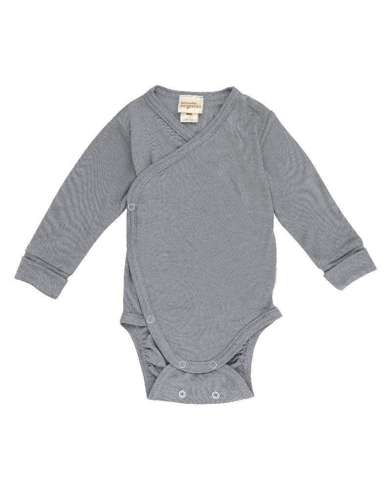 Body Neonato a Incrocio Kimono in Lana Merino e Lyocell a Manica Lunga