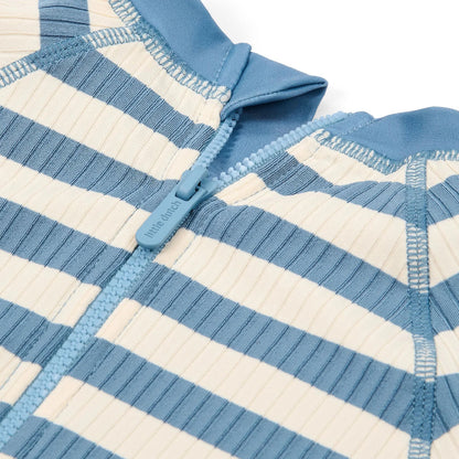 Costume da Bagno a Maniche Corte 'Ocean Blue Stripes' (Zip Frontale e Tessuto a Costine)