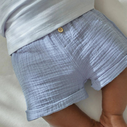 Pantaloncini Corti in Mussola di Cotone Biologico con Bottoni - Blu