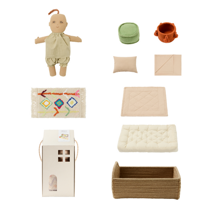 Set mini lorena - bambola con culla, tappeto, cestino e pouf - 22x32x16cm