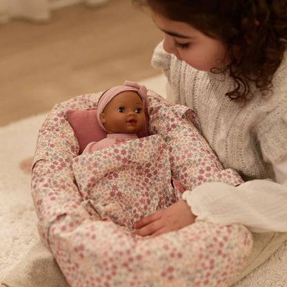 Cesta Viaggio Portatile per Bambole con Cuscino e Copertina (Fantasia Floreale Rosa)