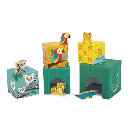 Cubi Impilabili e Gioco Incastro 'Gli Animali della Giungla' in Legno e Cartone FSC® (dai 12 Mesi)