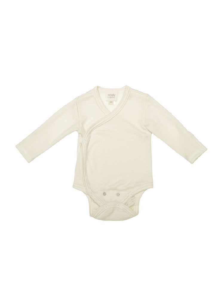 Body Neonato a Incrocio Kimono in Lana Merino e Seta a Manica Lunga