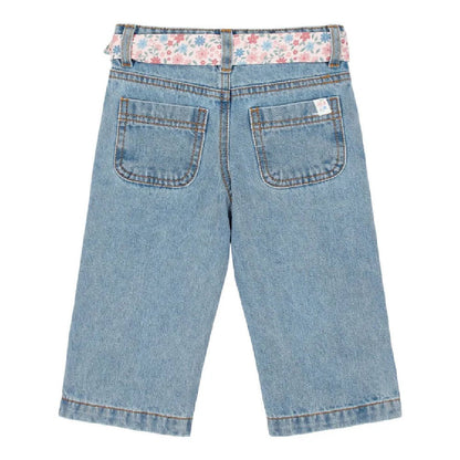 Pantaloni Jeans Denim a Gamba Larga con Cintura Floreale - Cotone Biologico