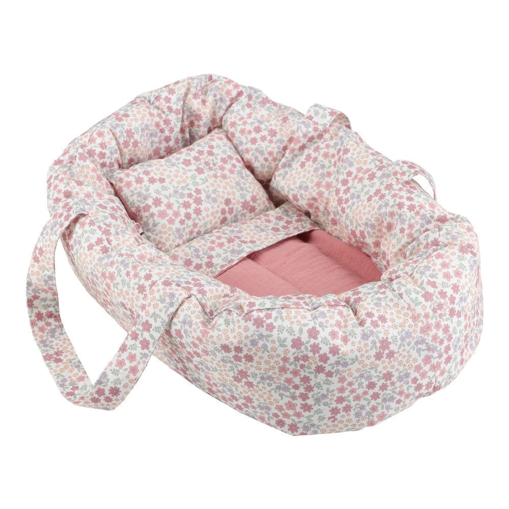 Cesta Viaggio Portatile per Bambole con Cuscino e Copertina (Fantasia Floreale Rosa)
