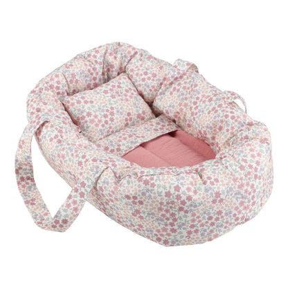 Cesta Viaggio Portatile per Bambole con Cuscino e Copertina (Fantasia Floreale Rosa)