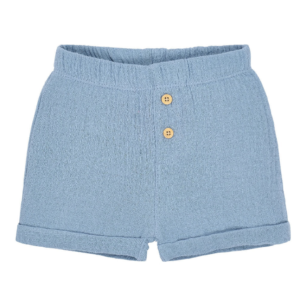 Pantaloncini Corti in Mussola di Cotone Biologico con Bottoni - Blu