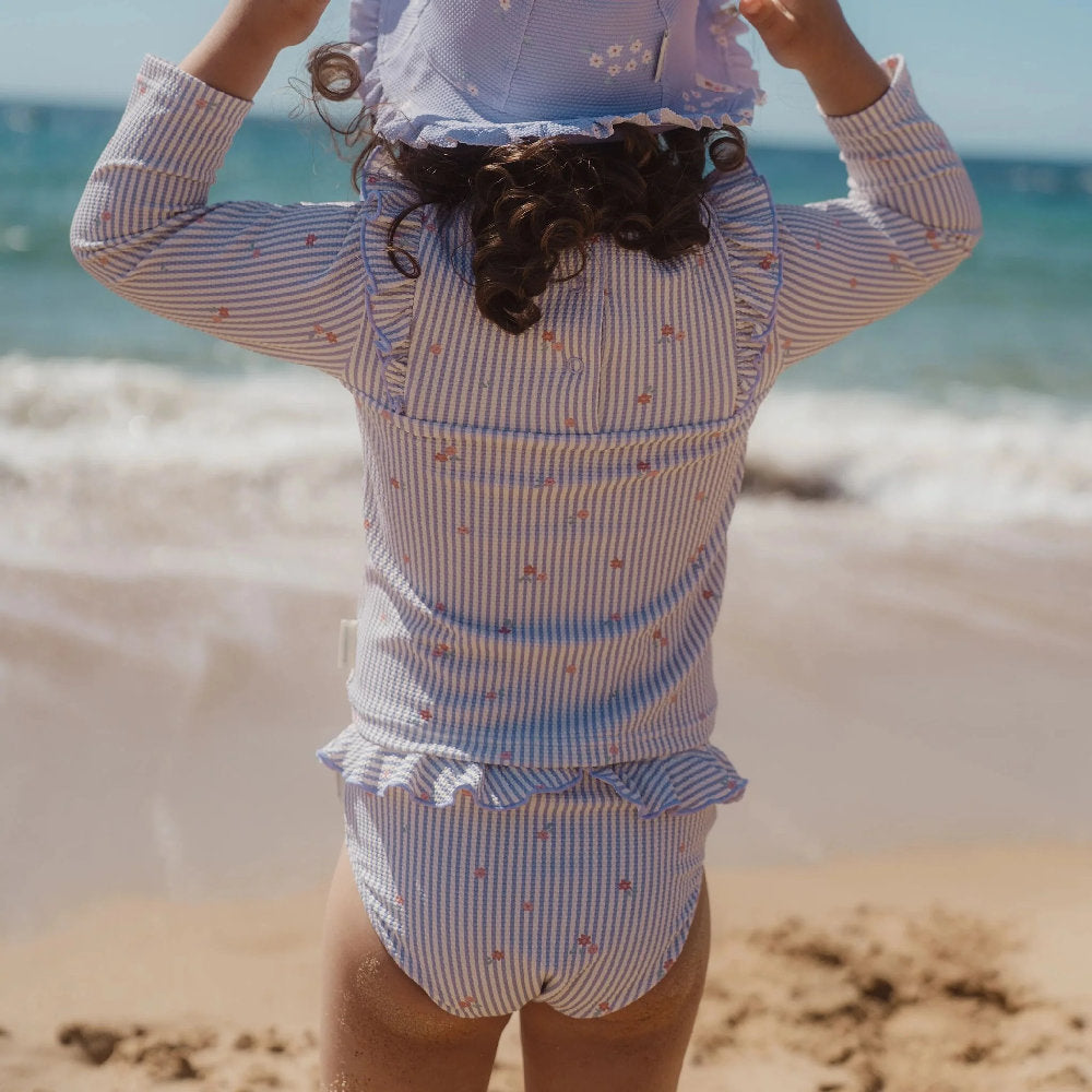 Costume da Bagno Bimba 'Dreamy Stripes' Lilla (con Volant e Tessuto Eco-Friendly)