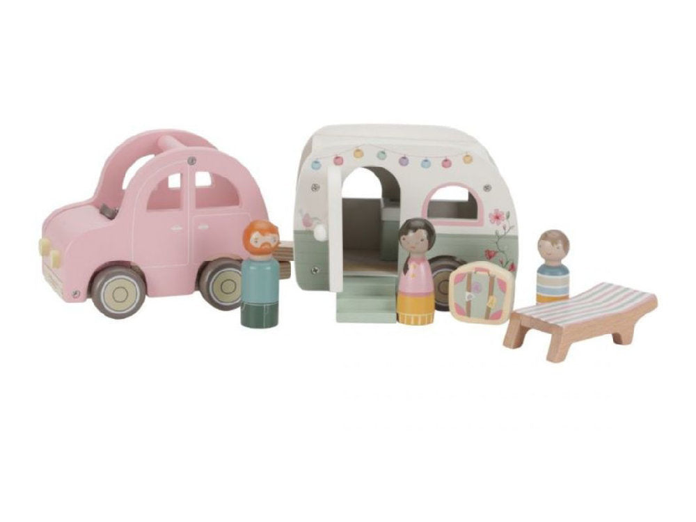 Auto giocattolo rosa con Roulotte e Accessori in Legno - Dai 18 mesi