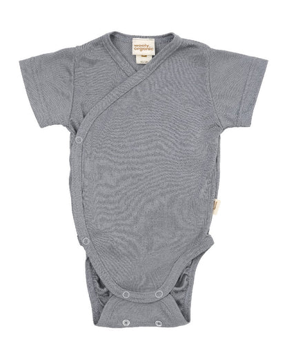 Body Neonato a Incrocio Kimono in Lana Merino e Lyocell a Manica Corta