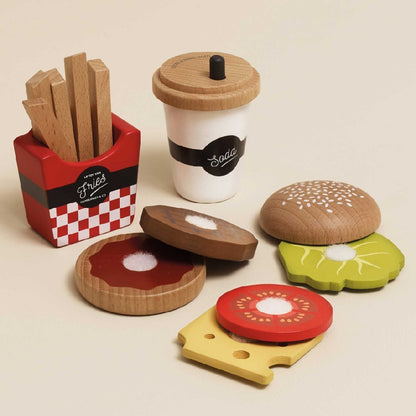 Set Hamburger Fast Food in Legno con Accessori (13 Pezzi)