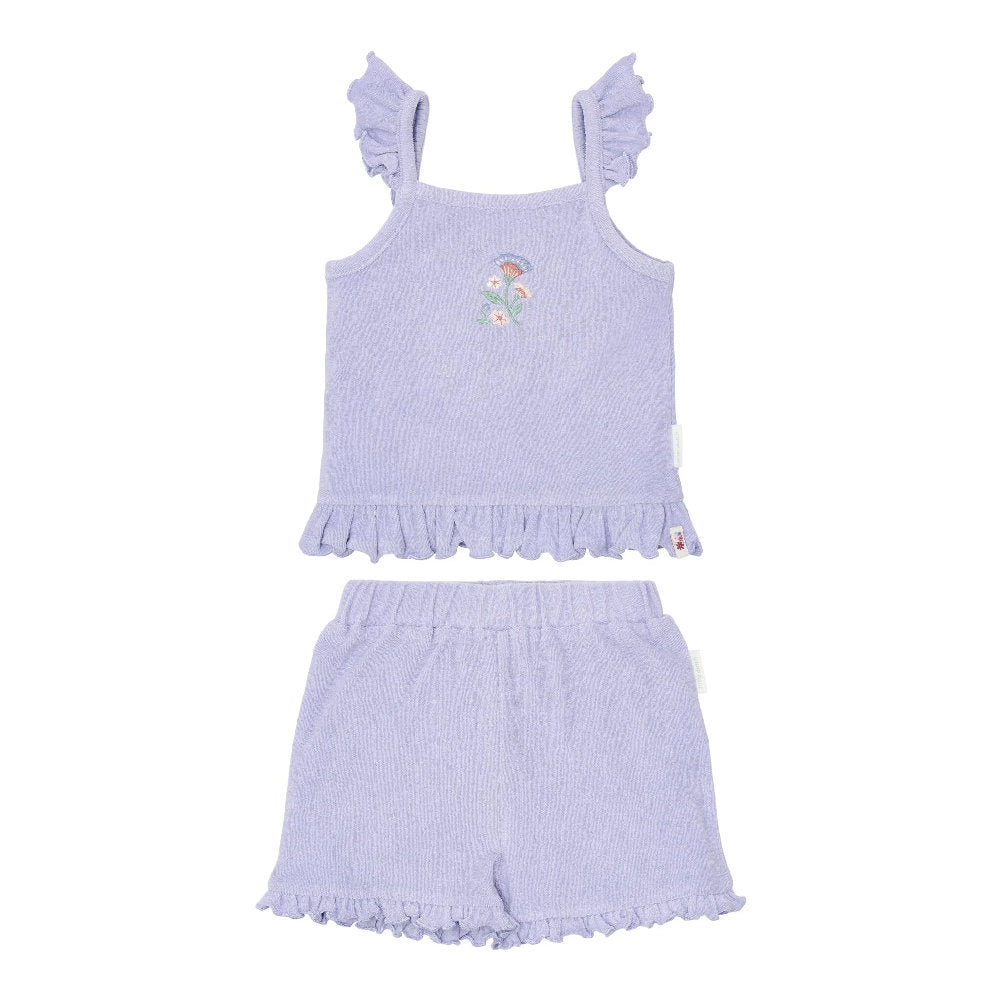 Completo Estivo Bimba 'Dreamy Purple' in Cotone Biologico (Top e Pantaloncini)