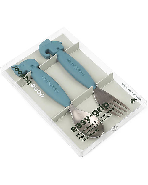 Set 2 Posate Anti-Scivolo - Forchetta e Cucchiaio - Silicone Alimentare e Acciaio inossidabile