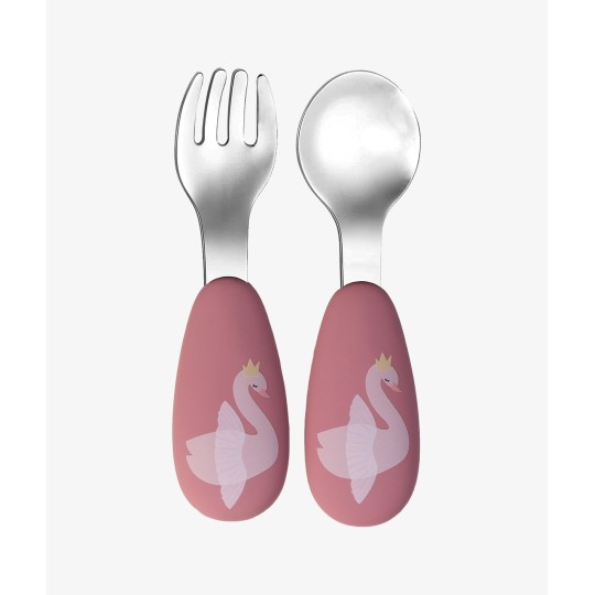 Tryco - Set Posate Forchetta e Cucchiaio - Silicone e Acciaio Inox - Versioni Tryco: Ivy Il Cigno Rosa