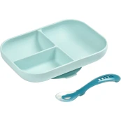 Beaba - Piatto con Scomparti + cucchiaio - In silicone - Colore: Azzurro