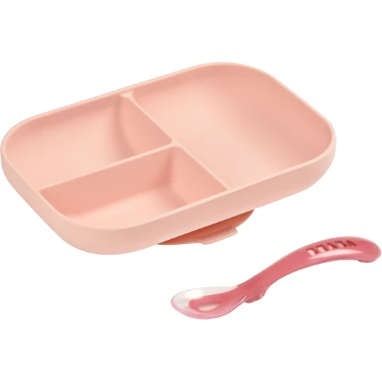 Beaba - Piatto con Scomparti + cucchiaio - In silicone - Colore: Rosa