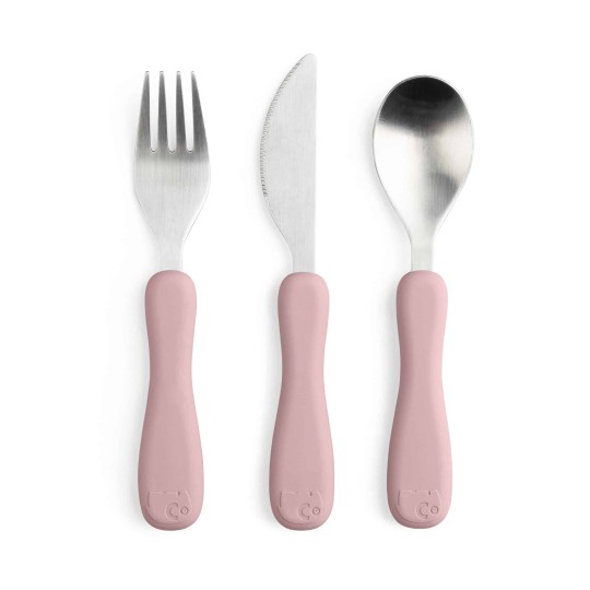 Sebra - Posate in silicone - Set 3 pezzi - Cucchiaio, coltello e forchetta - Colore: Rosa